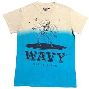 Popular Poison Men's Top Skeleton Surfer T-Shirt Size Small Yellow Blue